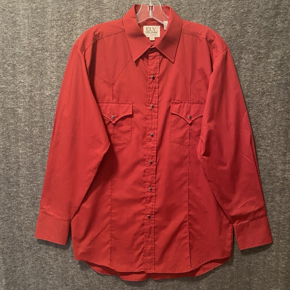 NEW Ely Cattleman Western Shirt Mens‎ Large 16.5 Red Pearl Snap Cowboy Rodeo